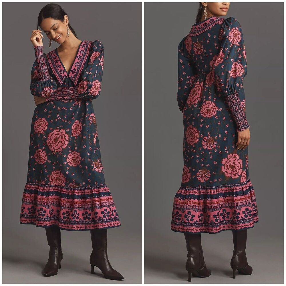 Farm Rio x Anthropologie Puff-Sleeve V Neck Midi Dress Size Small Floral New